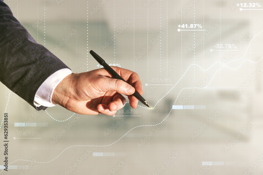 Poster Double exposure of male hand with pen working with abstract virtual statistics data hologram on blurred office background, statistics and analytics concept