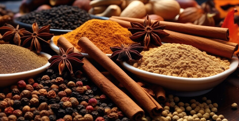 Closeup of spices and foods, Dried cinnamon, pepper, paprika.