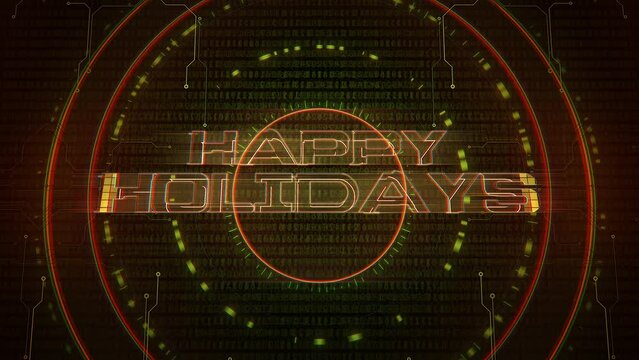On a computer screen, the festive phrase Happy Holidays emerges, framed by interactive HUD elements, offering a blend of holiday cheer and modern tech aesthetics