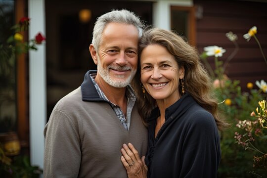 Portrait Of Middle Class Mature American Couple In US Suburbs Home Yard