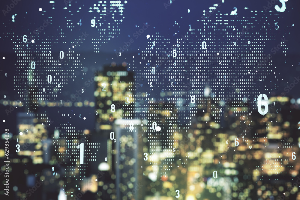 Leinwandbilder double exposure of abstract creative programming illustration and world map on blurry office buildin