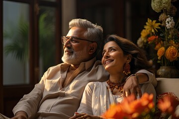 Portrait of wealthy mature indian couple in luxury home - obrazy, fototapety, plakaty