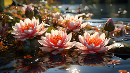 Pink lillies floating in water.