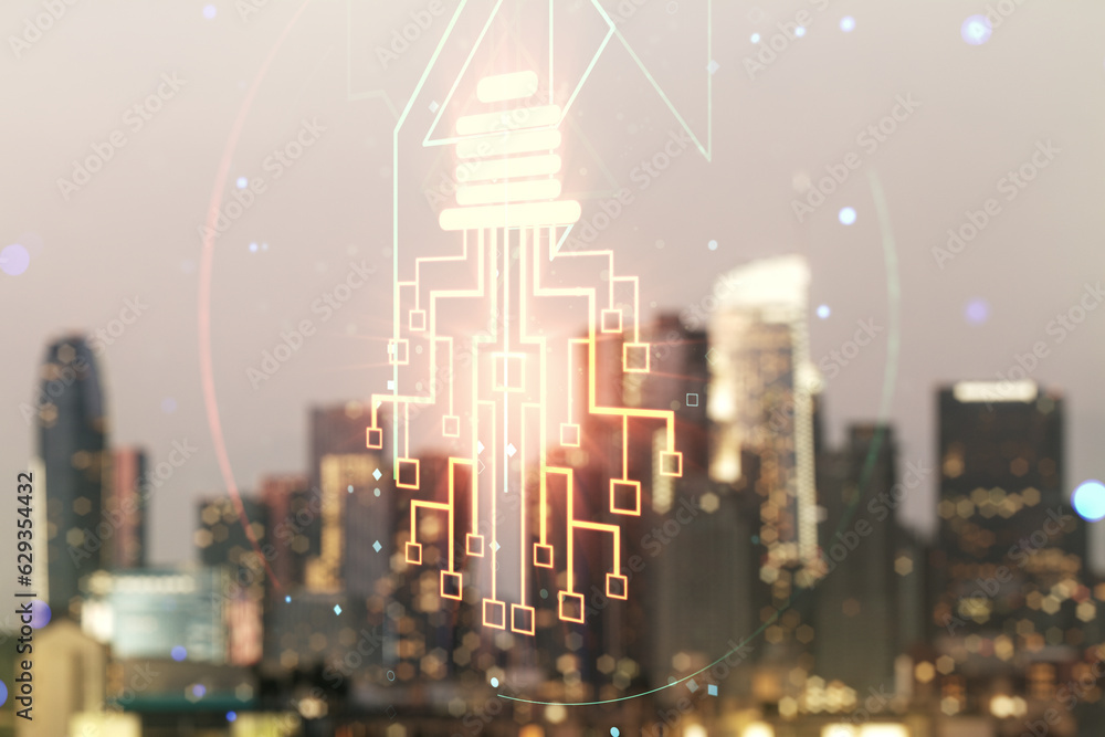 Poster virtual creative idea concept with light bulb and microcircuit illustration on blurry skyline backgr