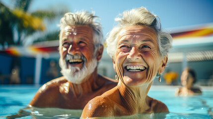 elderly couple doing water aerobics together - obrazy, fototapety, plakaty