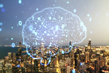 Virtual creative artificial Intelligence hologram with human brain sketch on Chicago cityscape background. Double exposure
