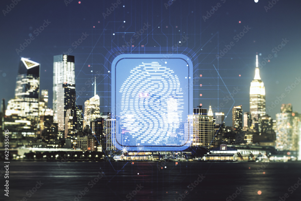 Poster multi exposure of virtual graphic fingerprint sketch on manhattan cityscape background, fingerprint 