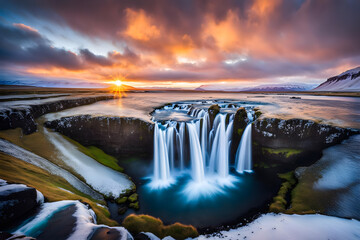 waterfall in iceland at sunset - generative ai - obrazy, fototapety, plakaty