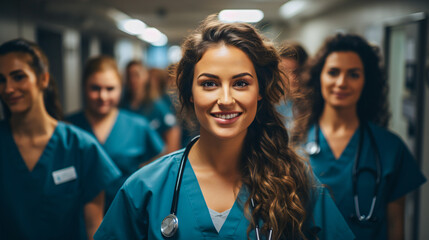 Fototapeta premium medical personal standing smiling together in the floor of a clinic