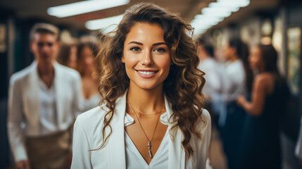 portrait of a smiling brunette woman who is at a chic event