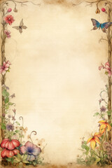 Aged parchment paper with frame of flowers. Scrapbook, fairytale, AI generative, illustration