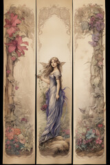 Aged parchment paper with frame of flowers. Scrapbook, fairytale, AI generative, illustration