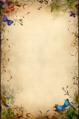 Aged parchment paper with frame of flowers. Scrapbook, fairytale, AI generative, illustration