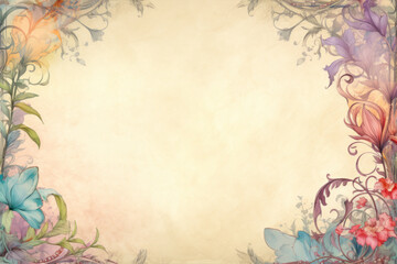 Aged parchment paper with frame of flowers. Scrapbook, fairytale, AI generative, illustration