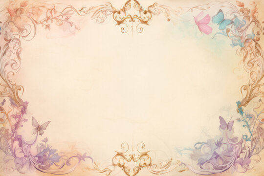 Aged parchment paper with frame of flowers. Scrapbook, fairytale, AI generative, illustration