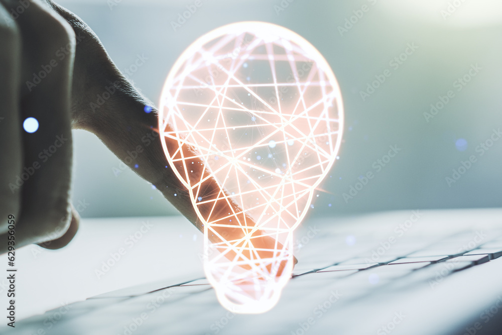 Poster creative light bulb hologram with hands typing on computer keyboard on background, idea concept. mul
