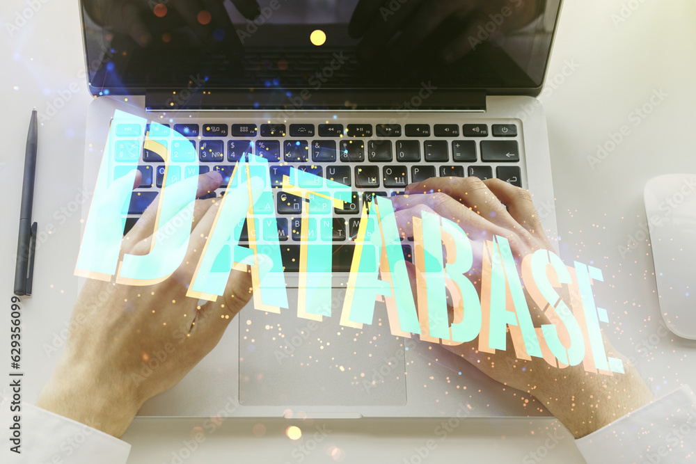 Poster double exposure of database word sign with hands typing on computer keyboard on background, global r