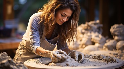 Portrait of girl doing pottery with clay - Powered by Adobe