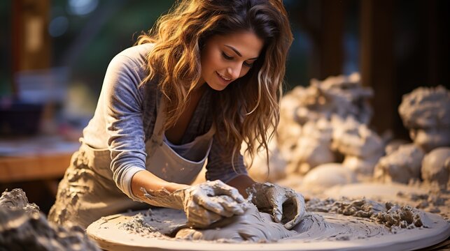 Portrait of girl doing pottery with clay
