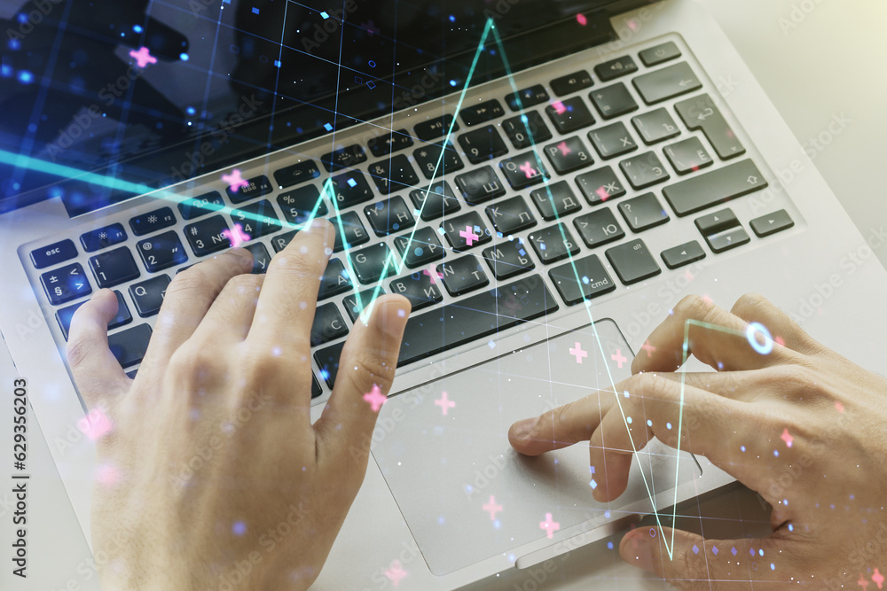 Poster creative abstract heart pulse hologram and hands typing on computer keyboard on background, online m