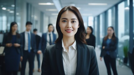 portrait of a young asian businesswoman in office, looking at camera
