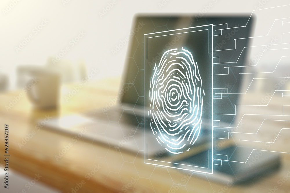Poster abstract creative fingerprint illustration and modern desktop with pc on background, personal biomet