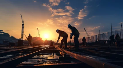 Poster silhouette construction worker Concrete pouring during commercial concreting floors of building in construction site and Civil Engineer or Construction engineer inspect work with generative ai © WS Studio 1985