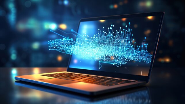 software, web development, programming concept. Abstract Laptop screen with programming language and code. Laptop and network icons for the company. Software technology process, generative ai