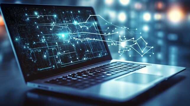 software, web development, programming concept. Abstract Laptop screen with programming language and code. Laptop and network icons for the company. Software technology process, generative ai