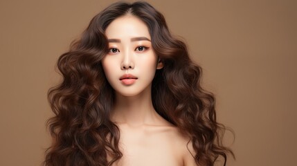 Fototapeta premium portrait of an asian woman beauty skin with long hair on studio background