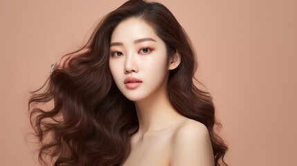 Fototapeta premium Young Asian beauty woman with curling long hair, Korean makeup on her face, and flawless skin against an isolated beige background. Facial Treatment