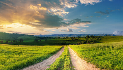 Fototapeta na wymiar Beautiful summer mountain rural landscape; Panorama of summer green field with dirt road and Sunset cloudy sky.
