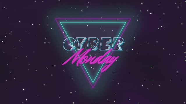 Dive into Cyber Monday with a vintage twist, featuring neon triangles and cosmic glitters against a dark starry backdrop, merging retro charm with business promotional aesthetics