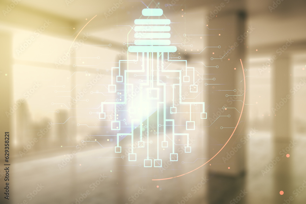 Poster Virtual creative light bulb with chip hologram on empty classroom background, artificial Intelligence and neural networks concept. Multiexposure
