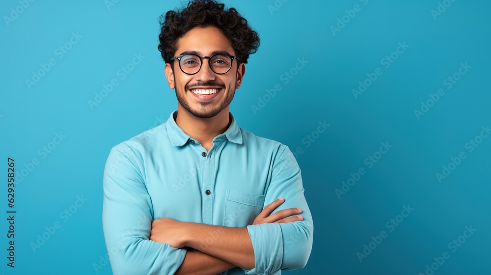 Sticker portrait of a businessman with his arms crossed on a sky blue background