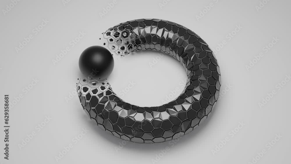 Poster looped 3d animation of an abstract composition. a torus, a ring of hexagonal elements and a sphere. 