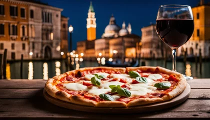 Fotobehang Delicious Italian Feast: Pizza, Pasta, and Red Wine in Venice © ibreakstock
