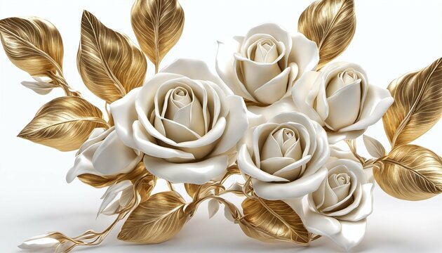 Golden Rose Buds and White Vines on 3D Gold Stems