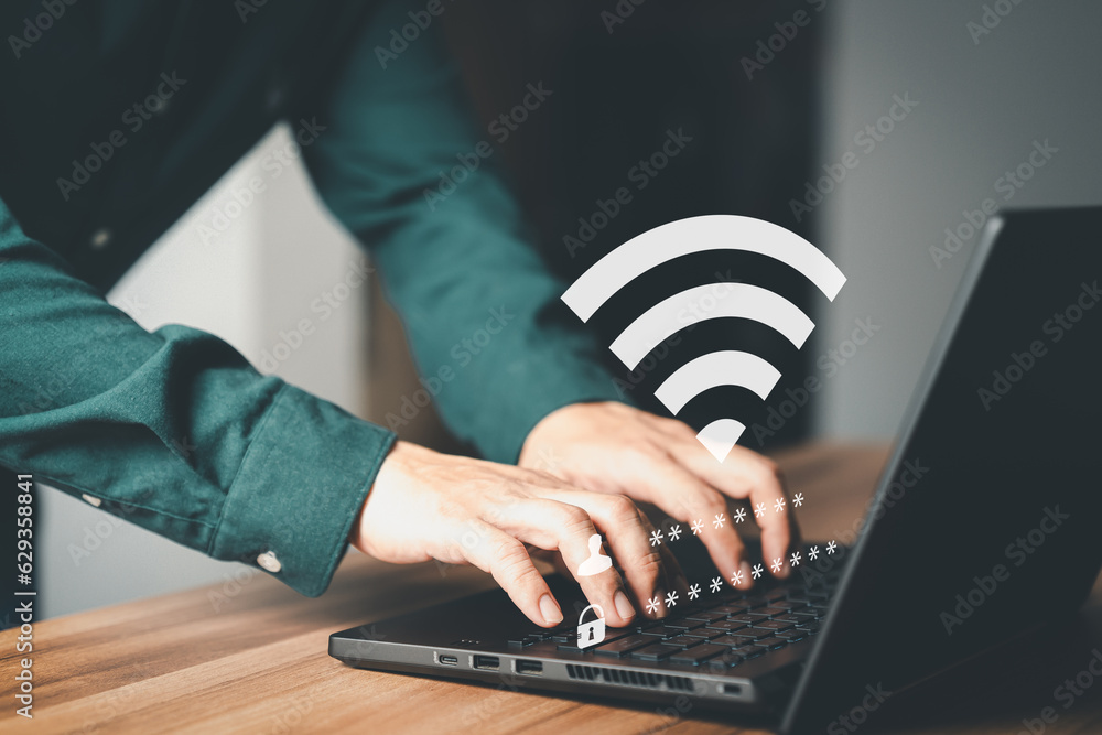 Fototapete Man use a computer laptop for a login password to wifi but wifi is not connected. Explore the seamless world of technology as user log in to WiFi. Concept technology of waiting to connect to wifi.