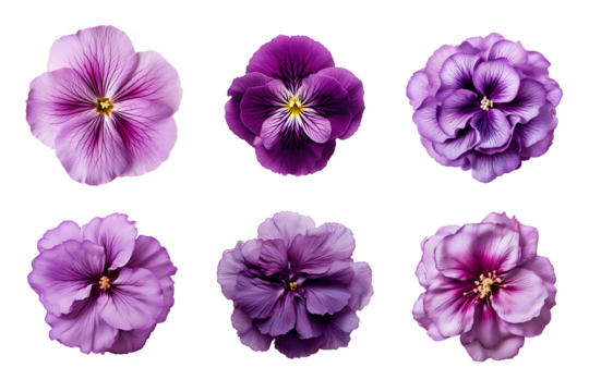 Selection of various purple flowers isolated on transparent background