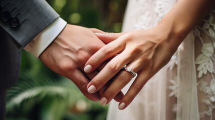 couple's hands intertwined, standing in front of a beautiful sunset at their wedding generative ai