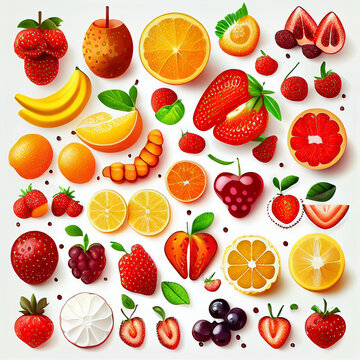 Fruit clipart set, clipart assortment of strawberry, apple, cherries, orange, pear, berries, many angles and side top view cut into slices or in half isolated on a transparent background cutout
