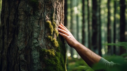 person's hand touching a tree at the edge of a forest generative ai