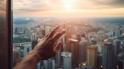 person's hand touching the edge of a skyscraper, looking out at the city below. generative ai