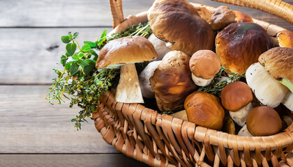 art Basket with fresh porcini mushrooms in the summer or autumn season; cep mushrooms and spices herbs on a wooden table; Italian recipe - obrazy, fototapety, plakaty