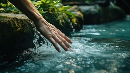 person's hand touching the water at the base of a waterfall generative ai