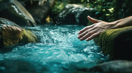 person's hand touching the water at the base of a waterfall generative ai