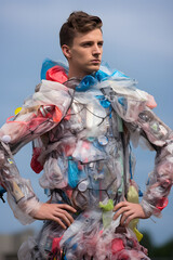 man in a clothes made of recycled plastic sustainability outfit Generative AI