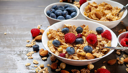 Cereals and flakes with nuts and fresh berries.
