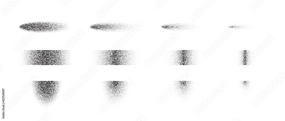 Poster Set of textured gradient shadows and shapes. Fading stippled shade elements collection. Black vintage dotted stencil effect spots. Halftone noise grain forms pack. Vector illustration bundle 